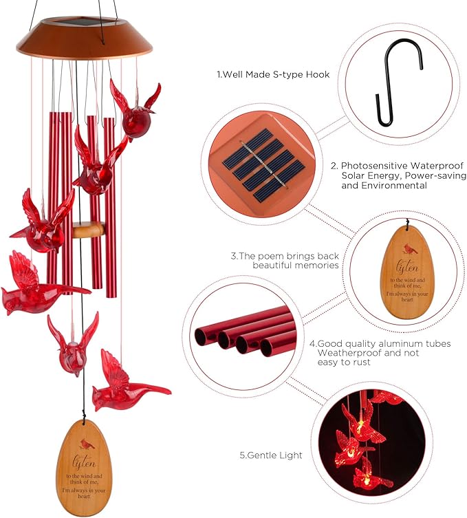 Cardinal Wind Chimes for Outside Solar Cardinal Gifts for Women Mom Grandma Father Memorial Red Bird WindChimes for Loss of Loved One Sympathy Windchime Garden Outdoor Decor