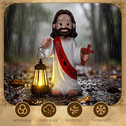 Capoda Solar Jesus Figurine 8 Inch, He is Risen Easter Statue with Glowing Lantern, Jesus Loves You Christian Resin Outdoor Garden Statue Decor, Religious Easter Gifts(Cross,Red)