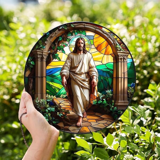 8 Inch Stained Glass Suncatcher for Window Hanging, Christian Stained Glass Windows Hanging Religious Gifts for Women, Sun Catcher for Home Garden Decor, Easter, Faith,Baptism, Memorial
