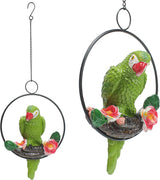 1PC Hanging Parrots for Patio Decor Outdoor, Perching On Branch Bird Figurine Statue, Metal Tropical Animal Model Sculpture with Round Ring for Nature Lovers DIY Lawn Natural Garden Tree Patio Home