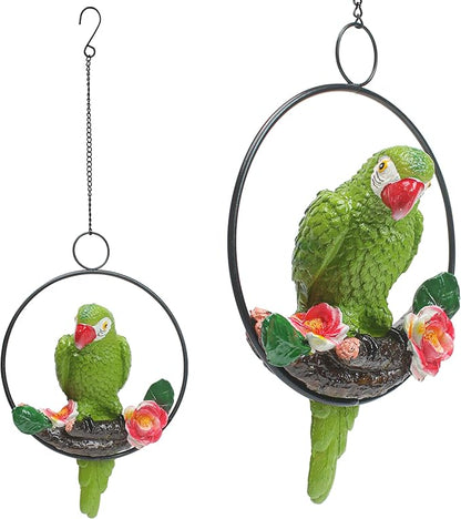 1PC Hanging Parrots for Patio Decor Outdoor, Perching On Branch Bird Figurine Statue, Metal Tropical Animal Model Sculpture with Round Ring for Nature Lovers DIY Lawn Natural Garden Tree Patio Home