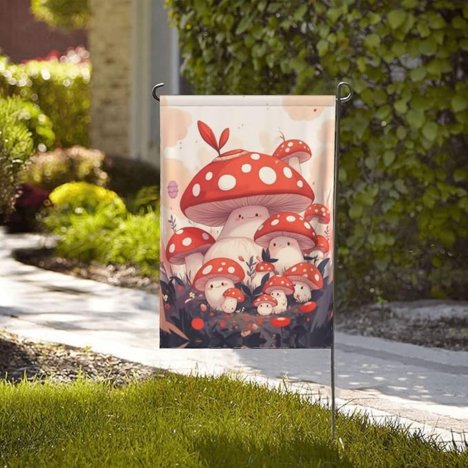 Cute Mushroom Family Garden Flag Double Sided Flags For Room Outside Yard Flag Outdoor Banner Wall Art Hanging 12.5"X18"