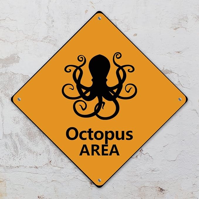 Octopus Crossing Xing Sign Beware of Octopus Metal Sign Ocean Animal Funny Warning Sign Crossing Zone Sign for Farm Yard Front Door Indoor Outdoor Street Sign 10x10in