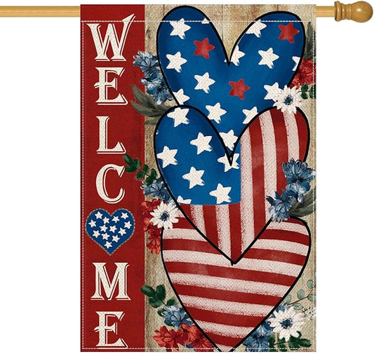 AVOIN colorlife 4th of July Love Heart House Flag 28x40 Inch Double Sided Outside, Welcome Independence Day Patriotic Stars and Stripes Yard Outdoor Decoration
