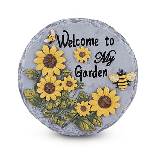 Welcome to My Garden Stepping Stone Outdoor, Butterfly Flower Stone Statue for Garden, Funny Stepping Stone for Yard, Balcony, Patio, Lawn Decorative, Spring in Garden Collection (Daisy)