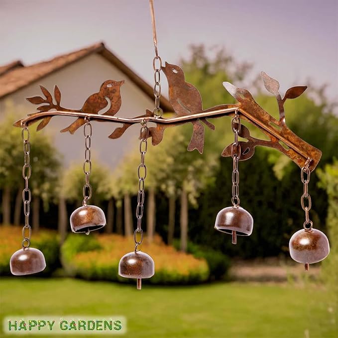Happy Gardens Bird Wind Chimes with Bells | 5 Suspended Bells Windchime with Birds Garden Decor | Mothers Day Outdoor Gifts & Backyard Decorations
