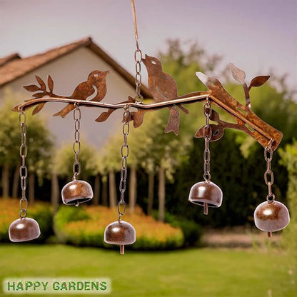 Happy Gardens Bird Wind Chimes with Bells | 5 Suspended Bells Windchime with Birds Garden Decor | Mothers Day Outdoor Gifts & Backyard Decorations