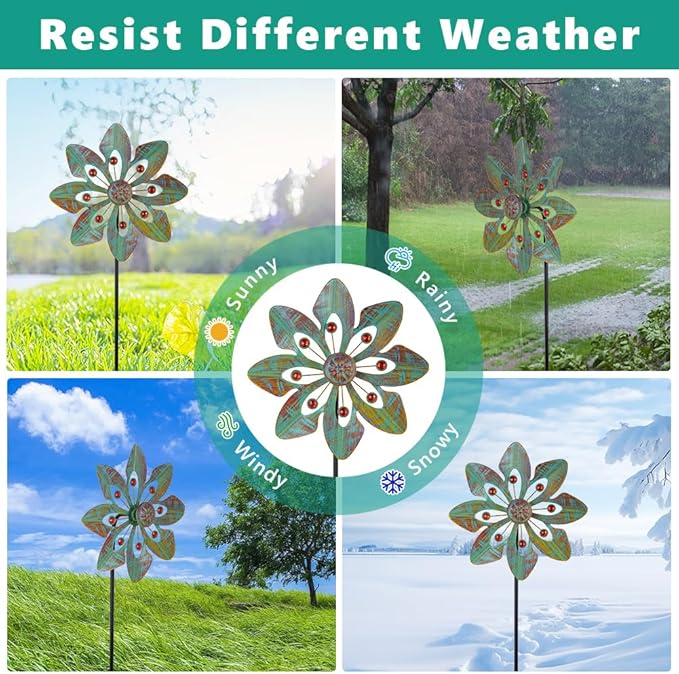 VEWOGARDEN 2 Pack Wind Spinners Outdoor, Metal Wind Spinner with Flower Design for Yard Garden Lawn Decorations, Copper Green