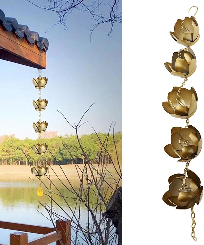 Metal Rain Chain, 8 ft Copper Plated Rain Chain for Outside Downspouts, Adjustable Rain Catcher with Flower Spiral Rain Bells, Proof Galvanized Iron Decor for Home Outdoor