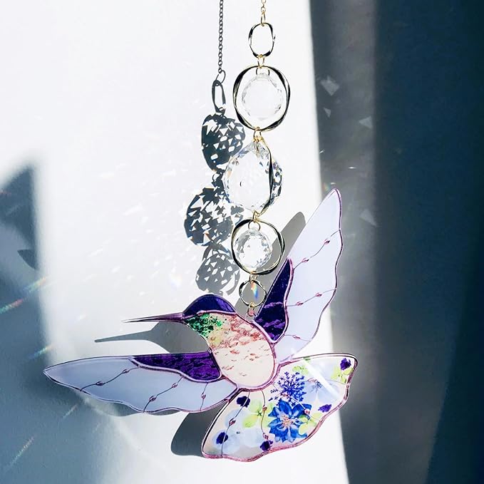 Purple Acrylic Hummingbird Flowers Garden Suncatcher Window Hanging Crystal Prism Rainbow Maker Sun Catcher Ornaments Appreciation Thank You Gifts for Mom Grandma Sister Home Decor