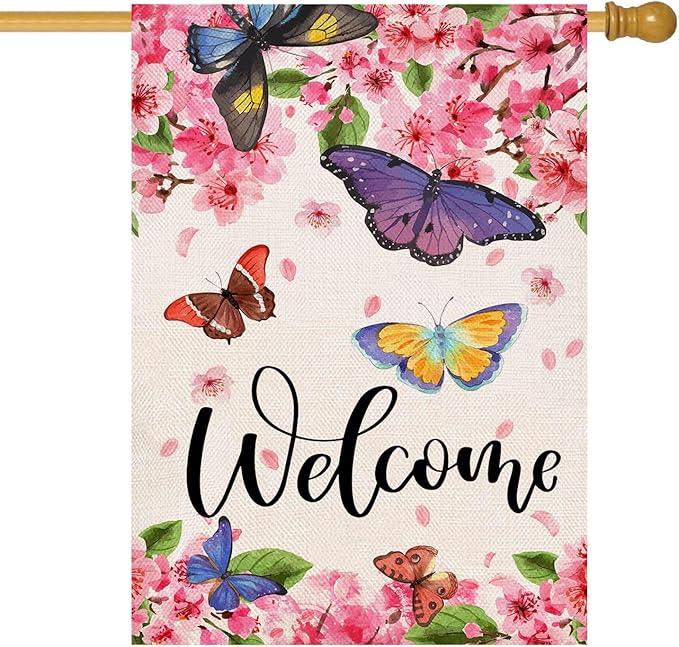 Baccessor Spring Summer House Flag Butterfly Flowers Cherry Blossom Yard Welcome Flag 28 X 40 Inch Double Sided Burlap Large Spring Summer Flag for Outside