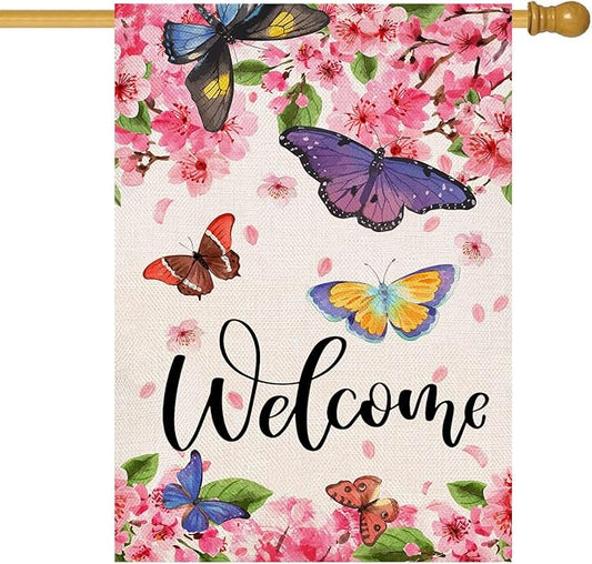 Baccessor Spring Summer House Flag Butterfly Flowers Cherry Blossom Yard Welcome Flag 28 X 40 Inch Double Sided Burlap Large Spring Summer Flag for Outside