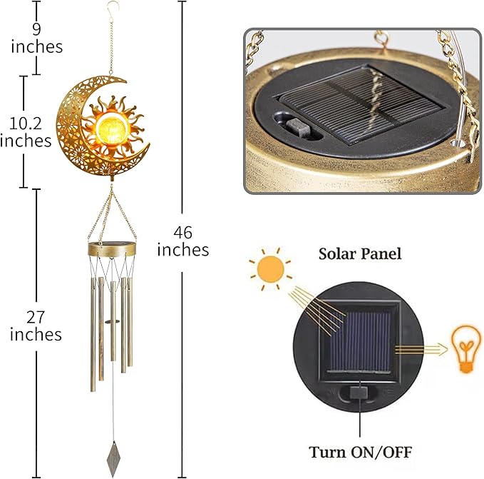 YAKii Sun Moon Solar Wind Chimes for Outside Lights Prefert Gifts for Mom Wife Unique Crackle Glass LED Warm Light Outdoor Hanging Decor Windchimes for Garden Yard Patio Christmas Birthday Mothers Day