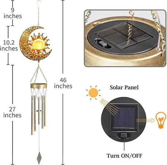 YAKii Sun Moon Solar Wind Chimes for Outside Lights Prefert Gifts for Mom Wife Unique Crackle Glass LED Warm Light Outdoor Hanging Decor Windchimes for Garden Yard Patio Christmas Birthday Mothers Day
