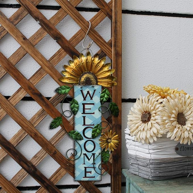 Attraction Design Welcome Sign for Front Door Decor Hanging Sign, Metal Flower Welcome Door Sign Wall Art Decor Hanging for Indoor Outdoor Patio Garden Yard Sign Porch Decoration 15.25X8.5In (3 Set)