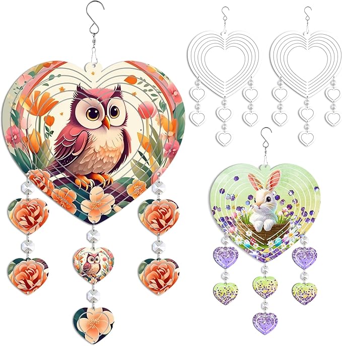 4Pack 10inch Sublimation Wind Spinner Blanks 3D Aluminum Metal Wind Sculpture Kinetic Spinners for Yard and Garden Indoor Art Ornaments Hanging Decoration (Heart Pendant)