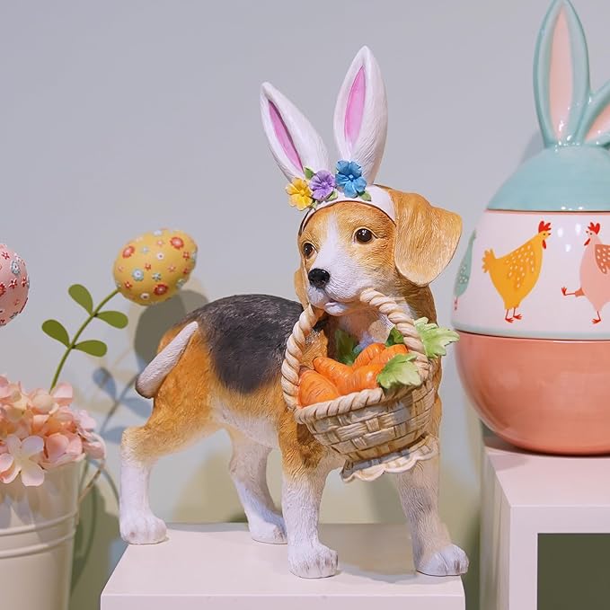 Cynkeyee Dog Garden Statue Decoration - Cute Puppy Beagle Statues with Bunny Ears Carrot Basket Figurines for Tabletop Self Floor Indoor Decor 11.5x4x10.5 inch