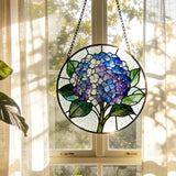 Blue White Hydrangea Flower Stained Glass Window Hanging, Cottagecore Hydrangea Floral Suncatcher Indoor Window Glass Round Wall Art Decor, 7.9x7.9 Inch