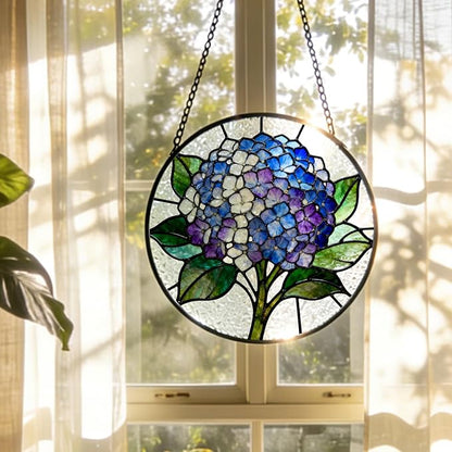 Blue White Hydrangea Flower Stained Glass Window Hanging, Cottagecore Hydrangea Floral Suncatcher Indoor Window Glass Round Wall Art Decor, 7.9x7.9 Inch