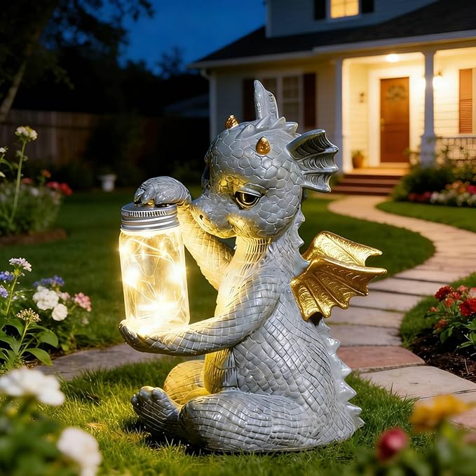 DiliComing Solar Dragon Garden Statues - Cute Dragon Baby Holding a Solar Jar, Outdoor Lawn Décor for Garden Yard, Balcony and Home, for Women