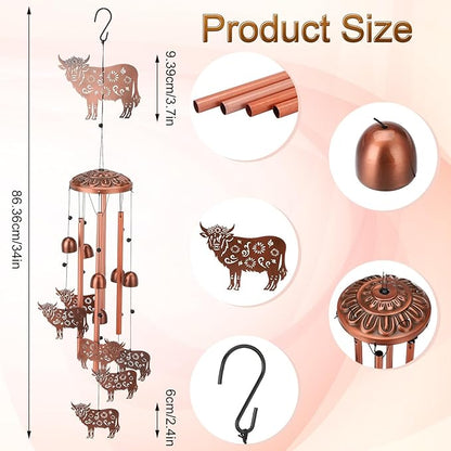 Cow Wind Chimes for Outside Highland Cow Chimes Gifts for Women Men Wife Mom Grandma Birthday Gifts Metal Wind Chimes Memorial Birthday for Outdoors Patio Garden Porch Home (Cow)