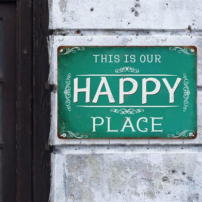 This is Our Happy Place Metal Tin Wall Sign Farmhouse Wall Decor Signs Porch Decor for Home Deck Outdoor Outside Door Fence 12x8 Inches