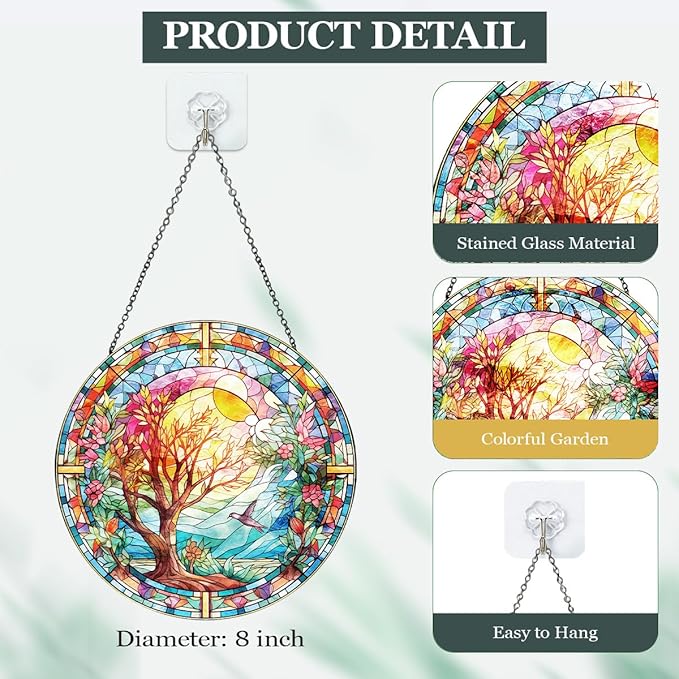 Spring Tree Stained Glass Suncatcher, Colorful Floral Window Hanging, Round Glass Sun Catcher Wall Decor Gift, Watercolor Blooming Wall Glass Ornament 8 Inch