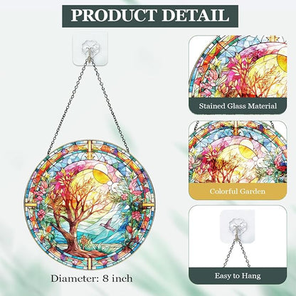 Spring Tree Stained Glass Suncatcher, Colorful Floral Window Hanging, Round Glass Sun Catcher Wall Decor Gift, Watercolor Blooming Wall Glass Ornament 8 Inch