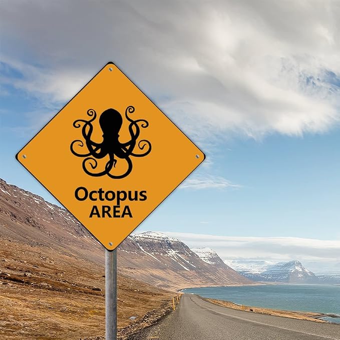 Caution Octopus Crossing XING Tin Sign Octopus Area Warning Street Sign Ocean Animal Novelty Caution Road Sign for Home Man Cave Door Porch Garden 15x15in