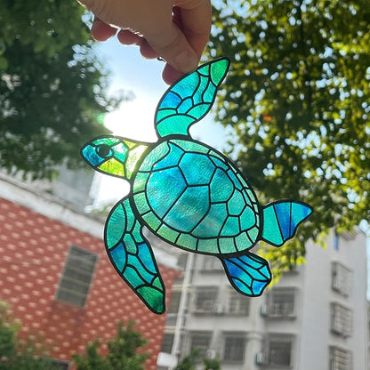 Sea Turtle Stained Glass Window Hanging, Hand-Painted Sun Catcher Glass Panel Wall Art Decor with Chain, Sea Turtle Gifts for Women Mom Grandma, Outdoor Indoor Art Decor for Home Garden