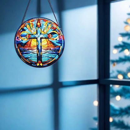 Stained Glass Cross Window Hanging, 8''/20CM Suncatchers for Windows Diamond Textured Glass Cross Decorative Hanging Ornaments Stained Glass for Chirstmas Suncatcher Window Panel Gift Home Decor (B)