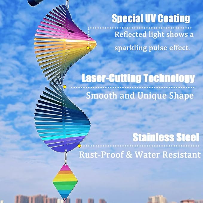 2pcs in Set Gradient Rainbow Helix Metal Wind Spinners for Yard and Garden,12 Inch 3D Stainless Steel Hanging Kinetic Yard Art Wind Sculpture Decor Outdoor Indoor (Cold Pattern)