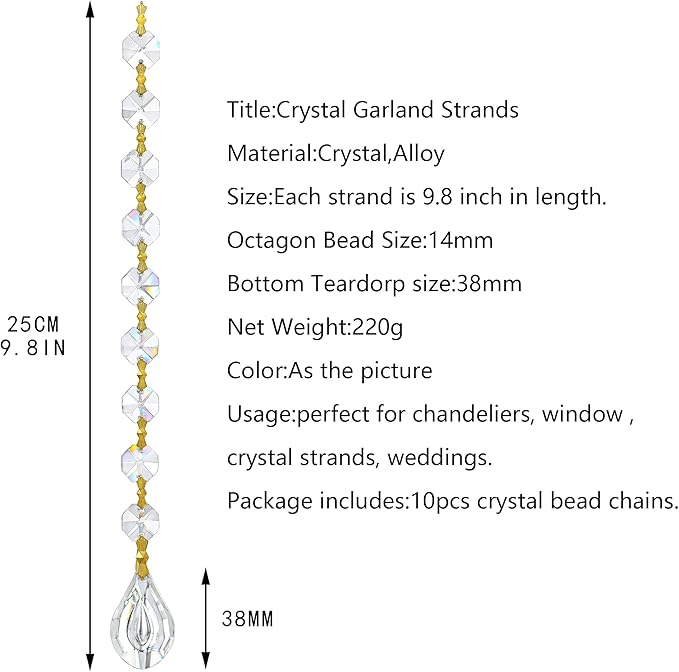 10pcs Crystal Garland Strands Crystal Lamp Beads Glass Loquat Prism Hanging Chandelier Beads Replacements Strings Christmas Wedding Decoration for Home Gold Pinning