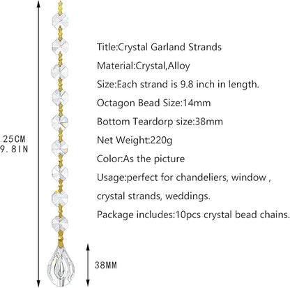 10pcs Crystal Garland Strands Crystal Lamp Beads Glass Loquat Prism Hanging Chandelier Beads Replacements Strings Christmas Wedding Decoration for Home Gold Pinning