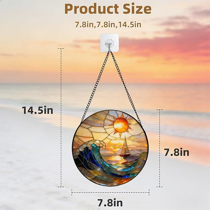 7.8 Inch Stained Glass Window Hanging, Sailboat & Sunset Waves Suncatcher, Blue and Orange Sky Diamond Glass Panel Landscape Decor for Women, Men, Wife, Aunt, and Mom