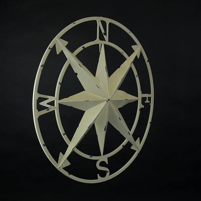 Nautical Compass Rose Wall Hanging Sculpture - Antiqued White Finish Metal Indoor Outdoor Ocean Decor - 20.5 Inch Diameter Elegant Maritime Home Accent Piece
