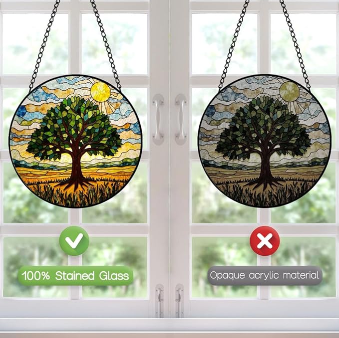 Stained Glass Window Hanging - 8″ Tree of Life Sun Catchers Indoor Window - Suncatcher for Door Home Garden Decor Glass Panel Window Art Ornament - Mothers Day Birthday Gifts for Women Men Mom Grandma