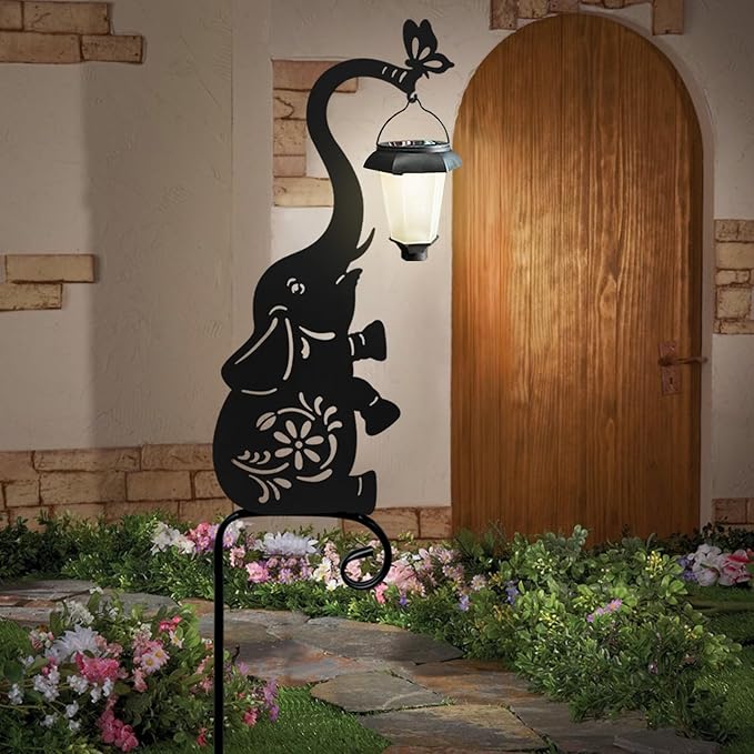 Metal Elephant with Solar Lantern Garden Stake,Garden Lights Solar Powered, Outdoor Decorations for Yard (Black Elephant)