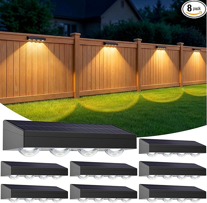 ShineTech Solar Fence Lights Outdoor Waterproof, 3-Color Lighting Modes LED Solar Powered Deck Lights, Outdoor Step Lights for Railing, Patio, Wall, Backyard (8 Packs)