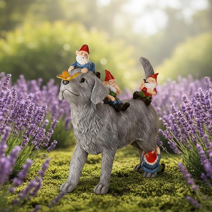 Chunful Dog and Gnome Garden Statues for Outside Decor with Butterfly Funny Yard Decorations Home Indoor Outdoor Patio Lawn Ornaments Housewarming Birthdays Gifts for Women Mom Grandma, 10.62 Inch