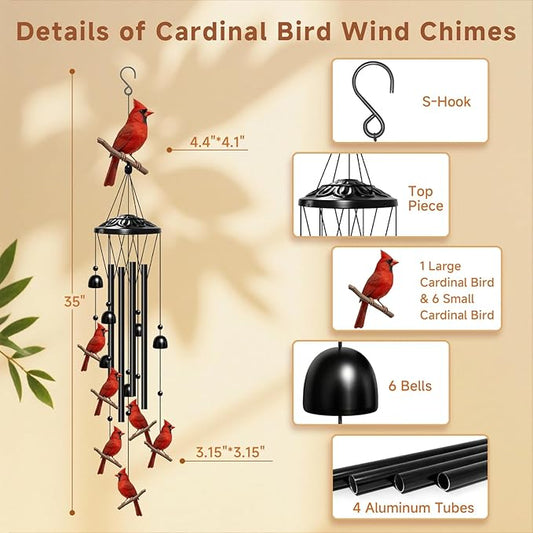 Cardinal Wind Chimes for Outside, Cardinal Gifts for Women/Men/Mother/Father, Metal Windchimes for Birthday/Christmas/Thanksgiving, Cardinal Decor for Patio, Garden,Yard, Home