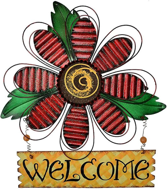 Metal Welcome Sign Daisy Hanging Signs for Front Door - Indoor Outdoor Door Decor Wall Art Flower Decoration Decorative Ornament Wreath for Home Garden Patio (Red)