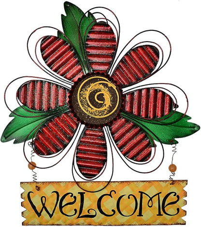 Hanging Welcome Sign Metal Flower Signs Wreath Decor Decorative Door Hanger Indoor Outdoor Spring Decoration for Porch Wall Front Door (Red)