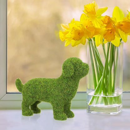 VILLCASE 6.88 Inch Flocked Dog Figurine, Faux Moss Puppy Statue for Garden and Patio Decor, Realistic Green Artificial Topiary Animal Ornament for Indoor Desktop, Shelf and Photography Prop