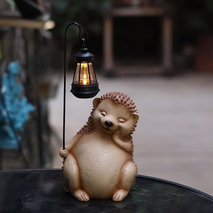 Solar Garden Statue, Cute Resin Animal Figurine with Solar Lantern Outdoor Decor for Patio Lawn Yard Pathway, Unique Housewarming Birthday Gift for Mom and Grandma (Hedgehog)