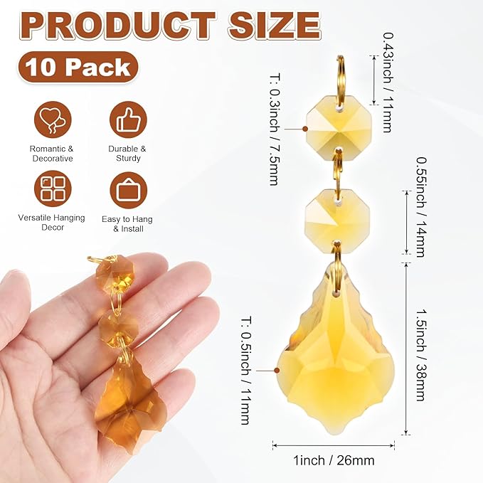 M METERXITY 10PCS Crystal Suncatcher 2 Leaves Prisms Pendants Ornament, 38mm Chandelier Hanging Crystal Sun Catcher Beads for Home Garden Windows Wedding DIY Decoration [Yellow]
