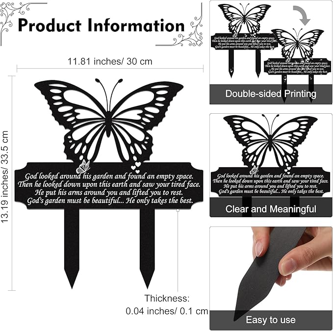 Buryeah Grave Decoration for Cemetery Butterfly Memorial Stake Headstone for Grave Memorial Garden Decor Waterproof Double Sided Print Metal Cemetery Marker, 13.19 x 11.81 Inches(Classic Style)