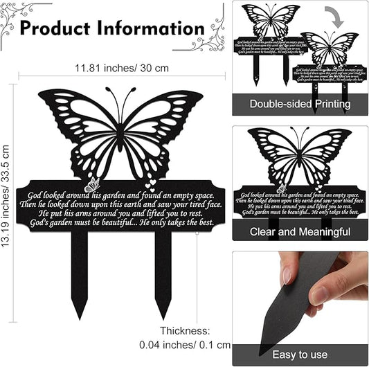 Buryeah Grave Decoration for Cemetery Butterfly Memorial Stake Headstone for Grave Memorial Garden Decor Waterproof Double Sided Print Metal Cemetery Marker, 13.19 x 11.81 Inches(Classic Style)