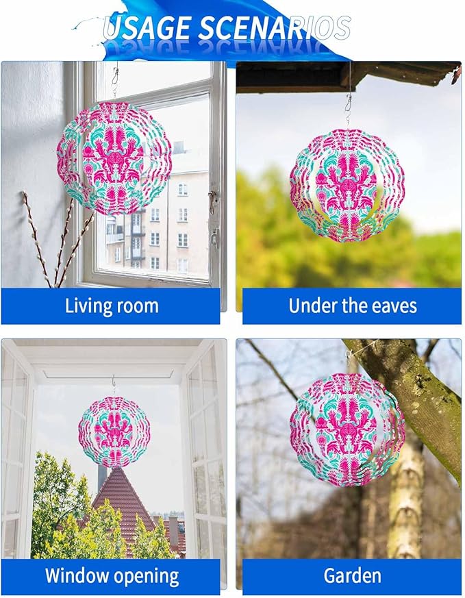 Stainless Steel Wind Spinner for Yard Garden Decoration, Flower Pattern Round Wind Sculpture Spinner 3D Crafts Hanging Ornaments for Indoor Outdoor, 8 Inch