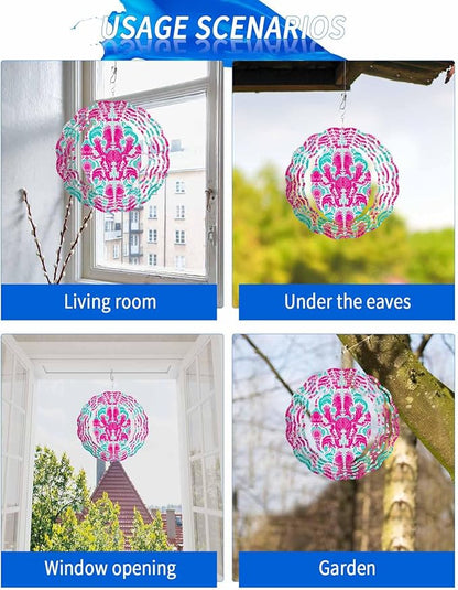 Stainless Steel Wind Spinner for Yard Garden Decoration, Flower Pattern Round Wind Sculpture Spinner 3D Crafts Hanging Ornaments for Indoor Outdoor, 8 Inch
